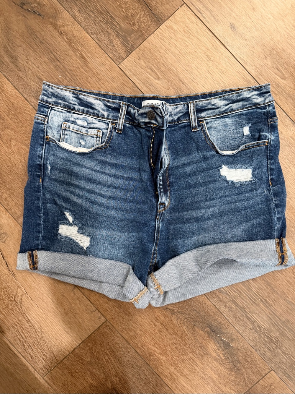 Zenana Outfitters Distressed Rolled Cuff Denim Shorts - Dark Blue